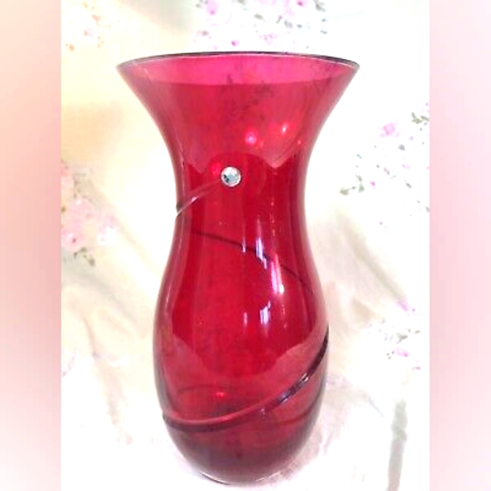 Vintage Ruby Red Etched Glass Vase W/ Jewel